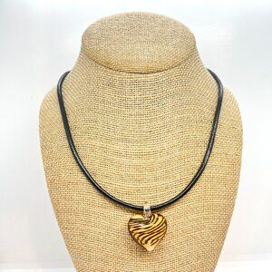 VINTAGE ART GLASS HEART PENDANT TIGER STRIPE PRINT BLACK LEATHER CHOKER Y2K 90S